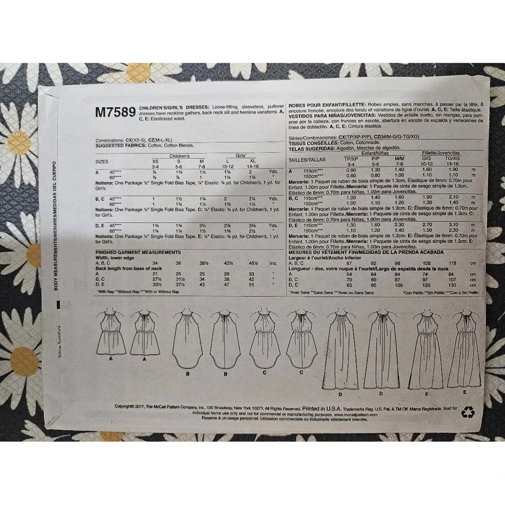 McCall's M7589 Childrens Girls Dress Sewing Pattern Sizes M-XL Uncut Sleeveless